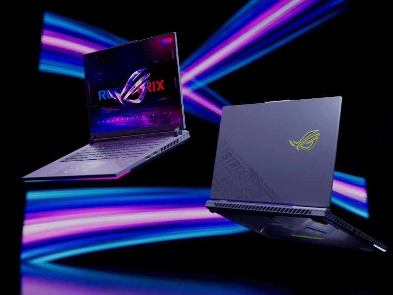 Two ROG Strix models, shown from the front and back at angles